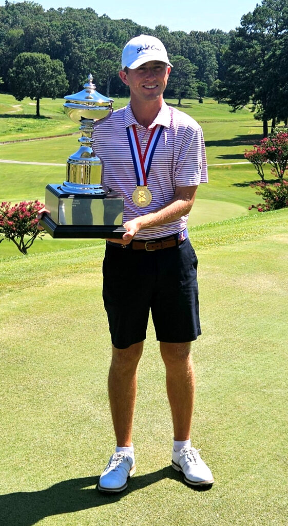 Bimingham’s Nick Robillard holds the trophy after winning the Alabama Golf Association’s State Match Play championship Sunday at Anniston Country Club. (Photo by Joe Medley)